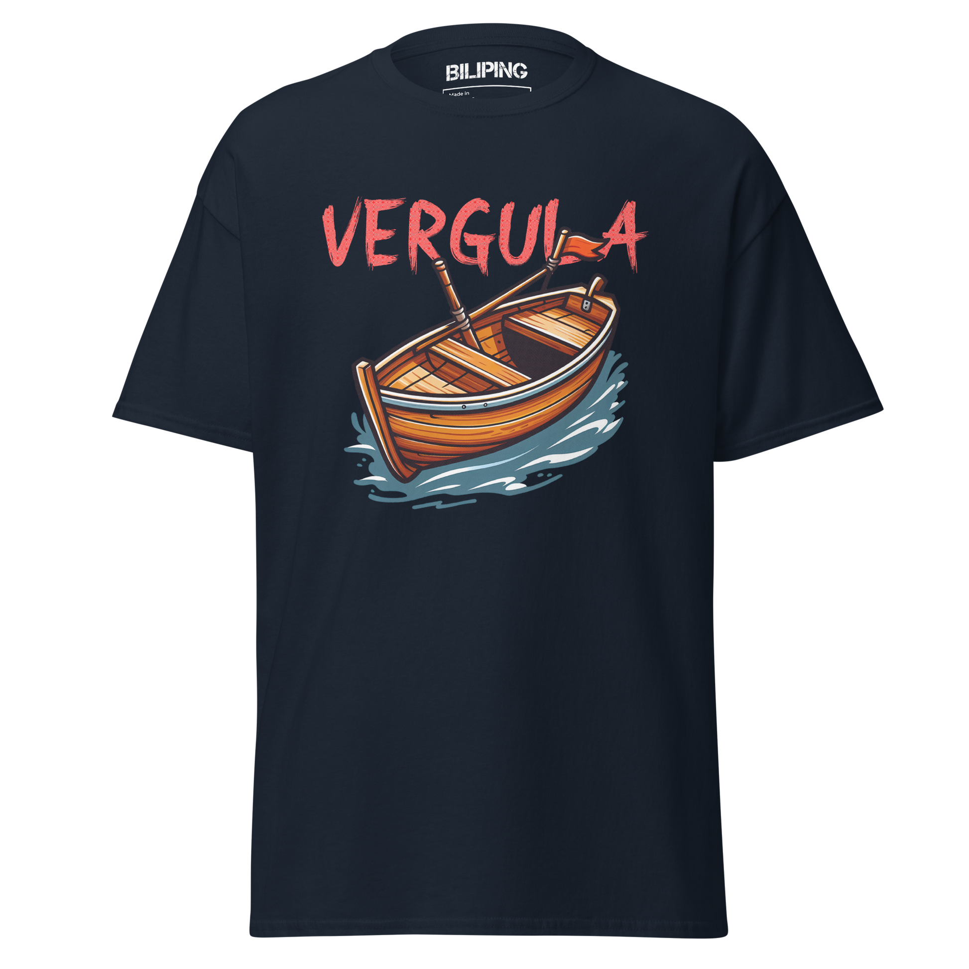 Vergula black t-shirt featuring a boat design, perfect for everyday comfort.