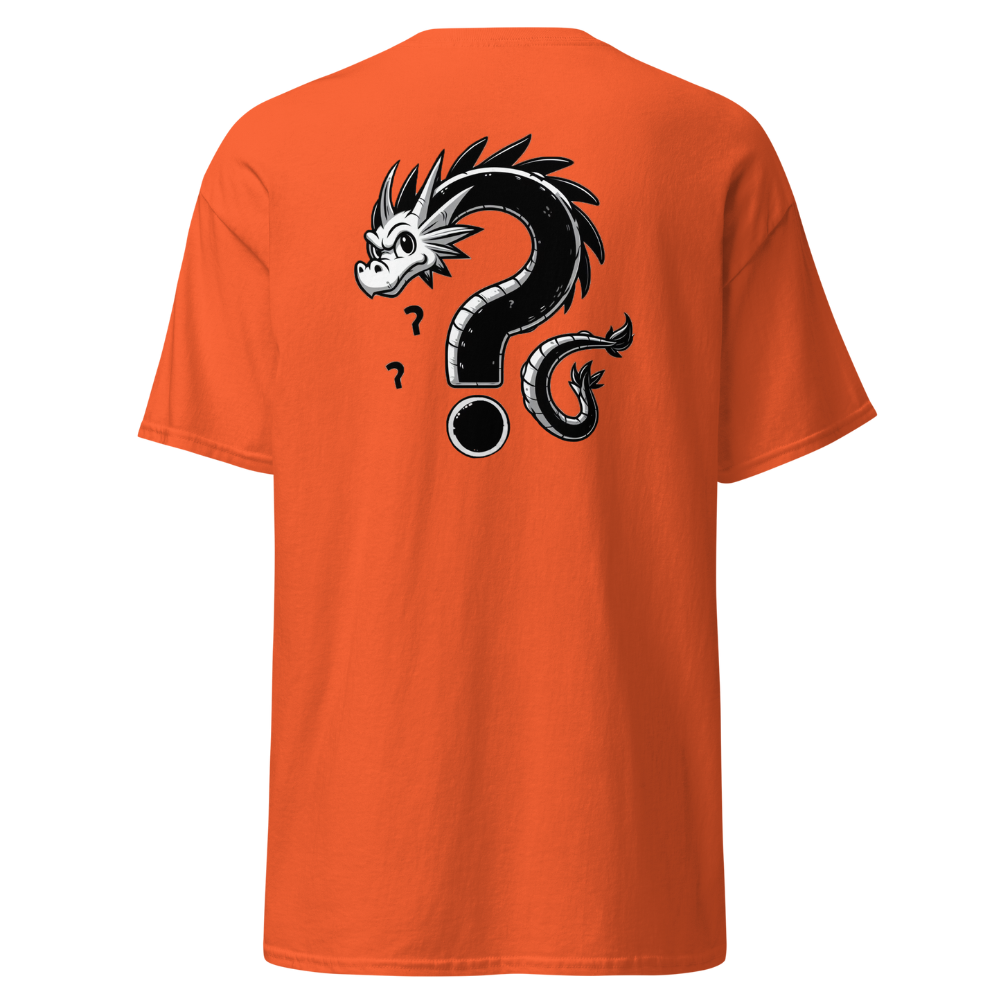 Close-up of Where is the Dragon? orange tee, featuring a dragon cartoon on the back.