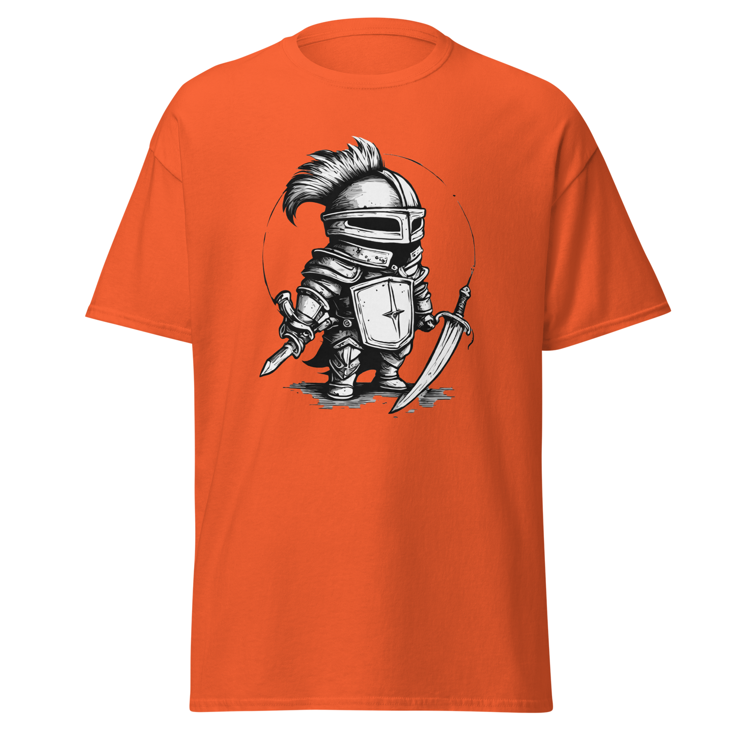 Where is the Dragon? knight cartoon on orange t-shirt.