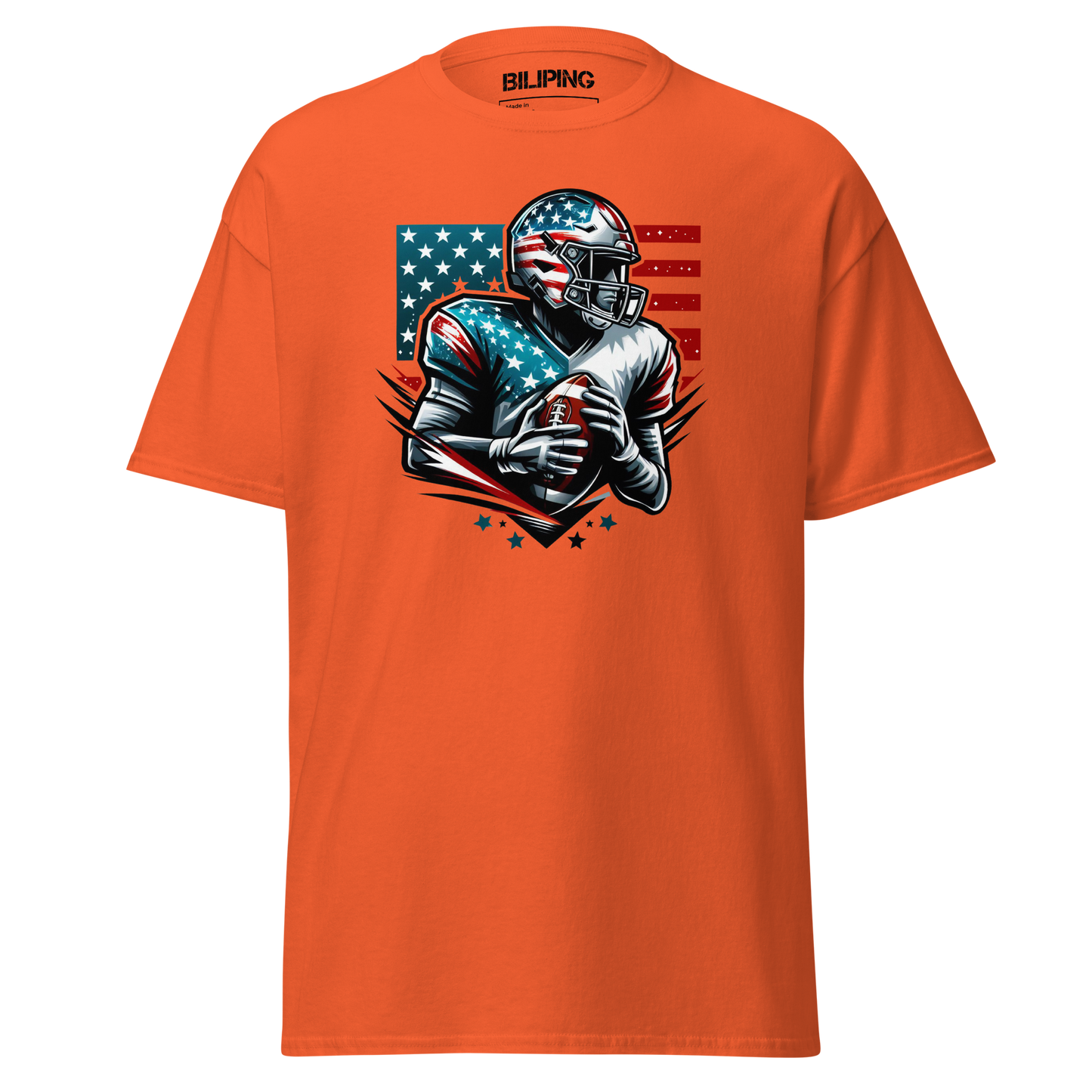 Win Expedition orange t-shirt featuring a football player holding a football.