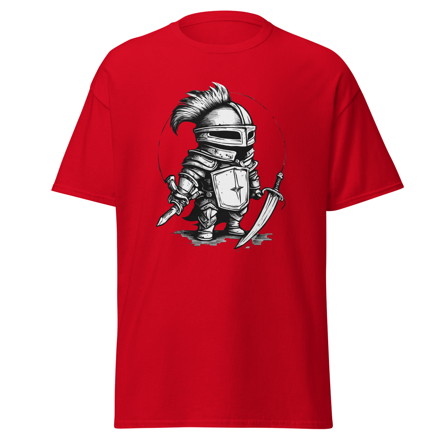 Where is the Dragon? red shirt with cartoon knight graphic.
