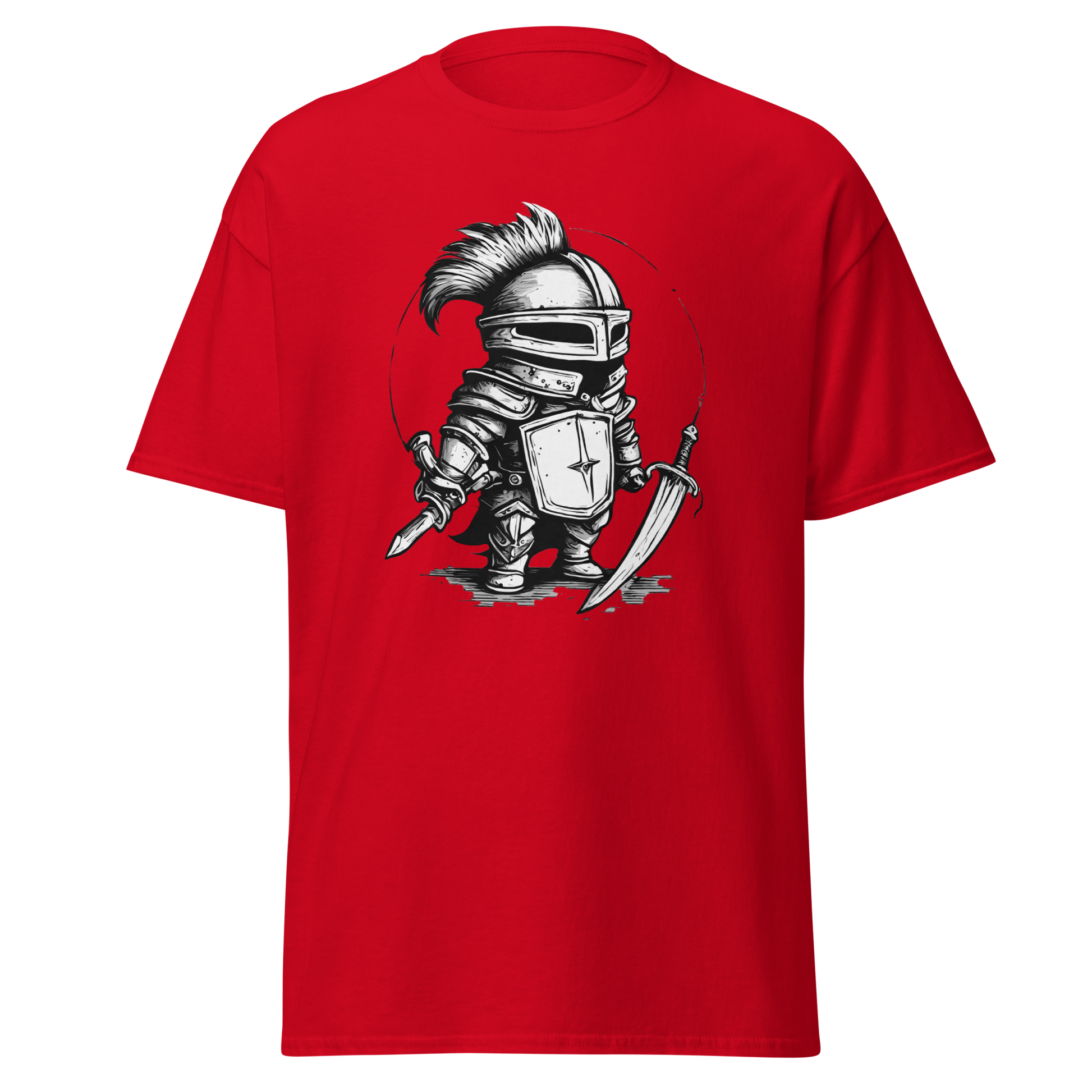 Where is the Dragon? red shirt with cartoon knight graphic.