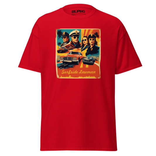 Surfside Lawman: Red t-shirt featuring a group illustration.