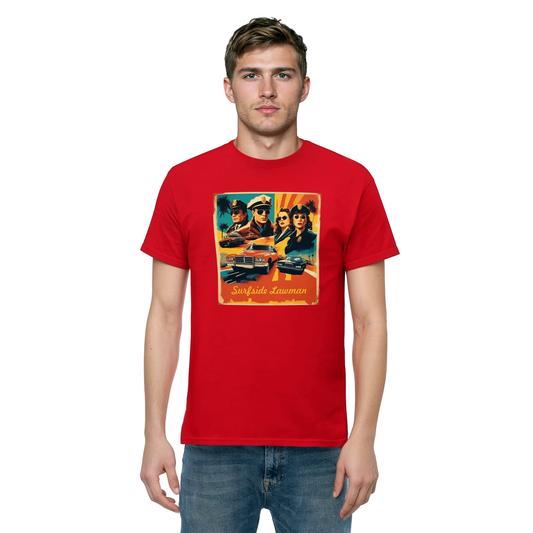 Surfside Lawman tee: man models structured fit with sunglasses, hat.