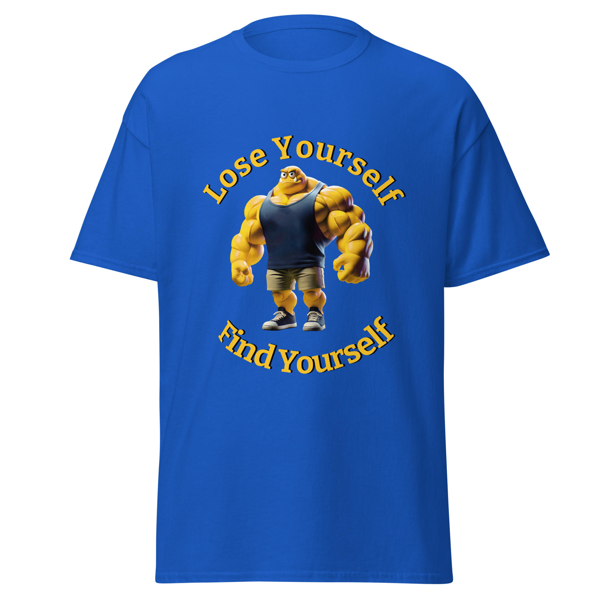 Lose Yourself, Find Yourself blue t-shirt with yellow cartoon character.