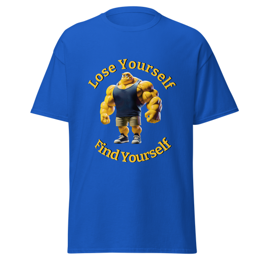 Lose Yourself, Find Yourself blue t-shirt with yellow cartoon character.