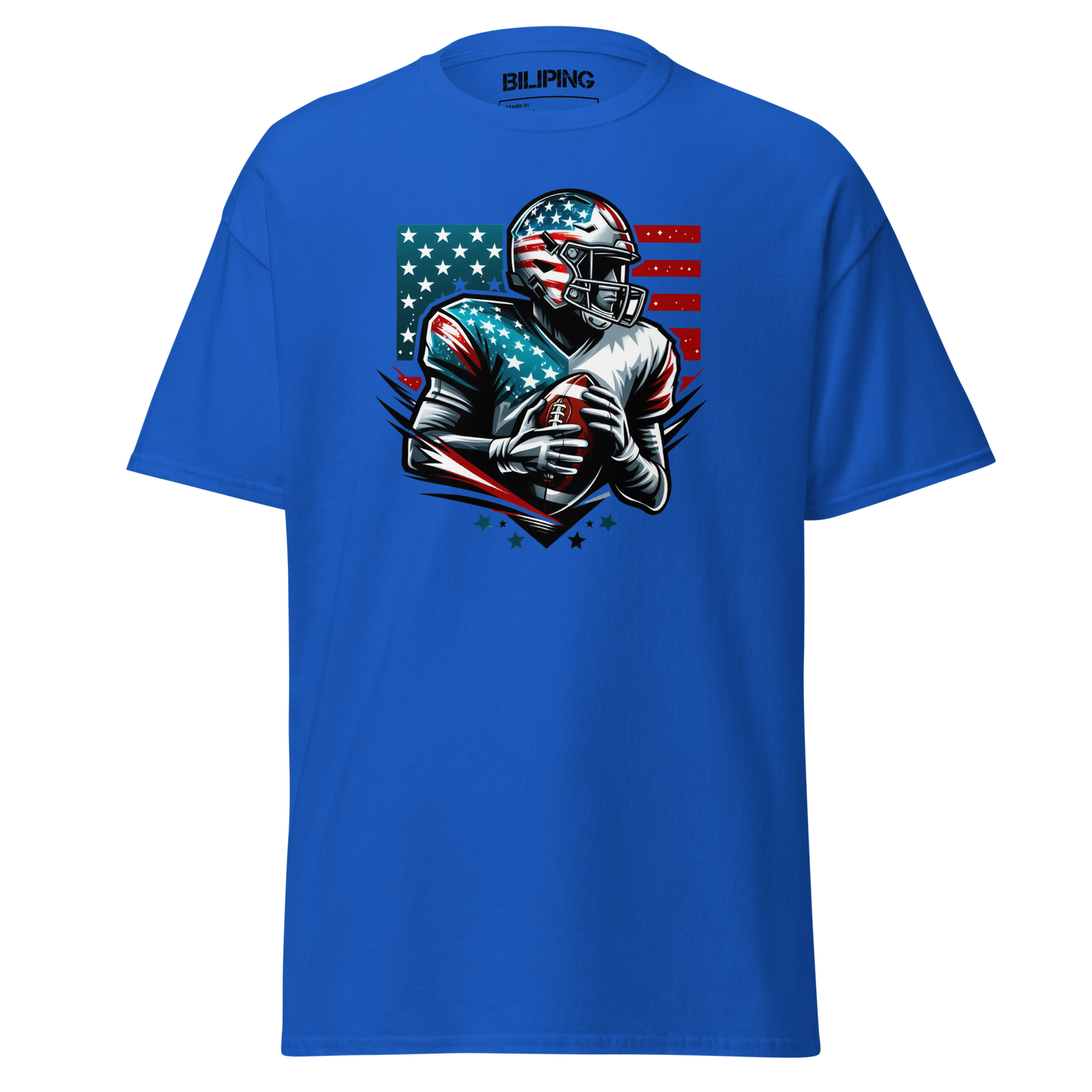 Win Expedition blue t-shirt featuring a football player holding a ball.