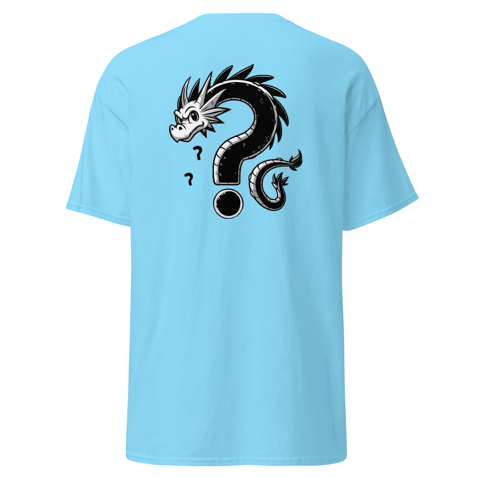 Where is the Dragon? blue t-shirt featuring a playful dragon cartoon.