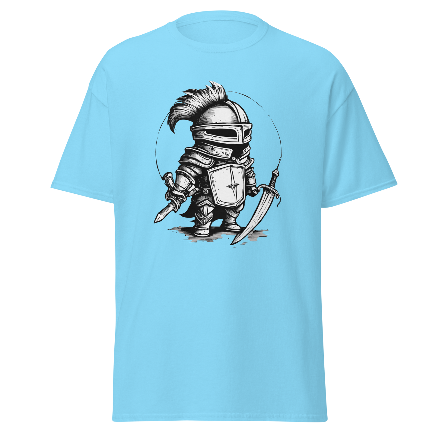 Cartoon knight Where is the Dragon? on blue t-shirt.