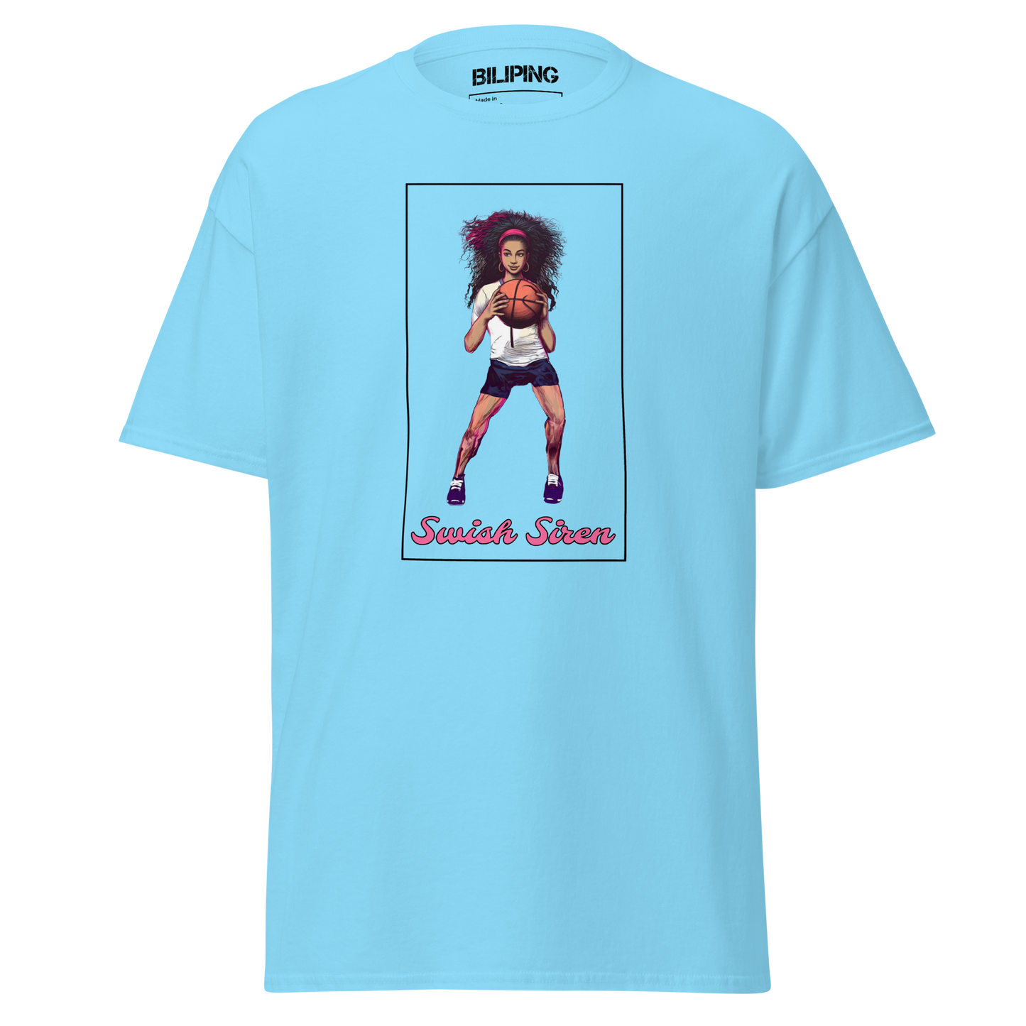 Swish Siren tee: woman holding basketball, showcasing its sporty comfort.