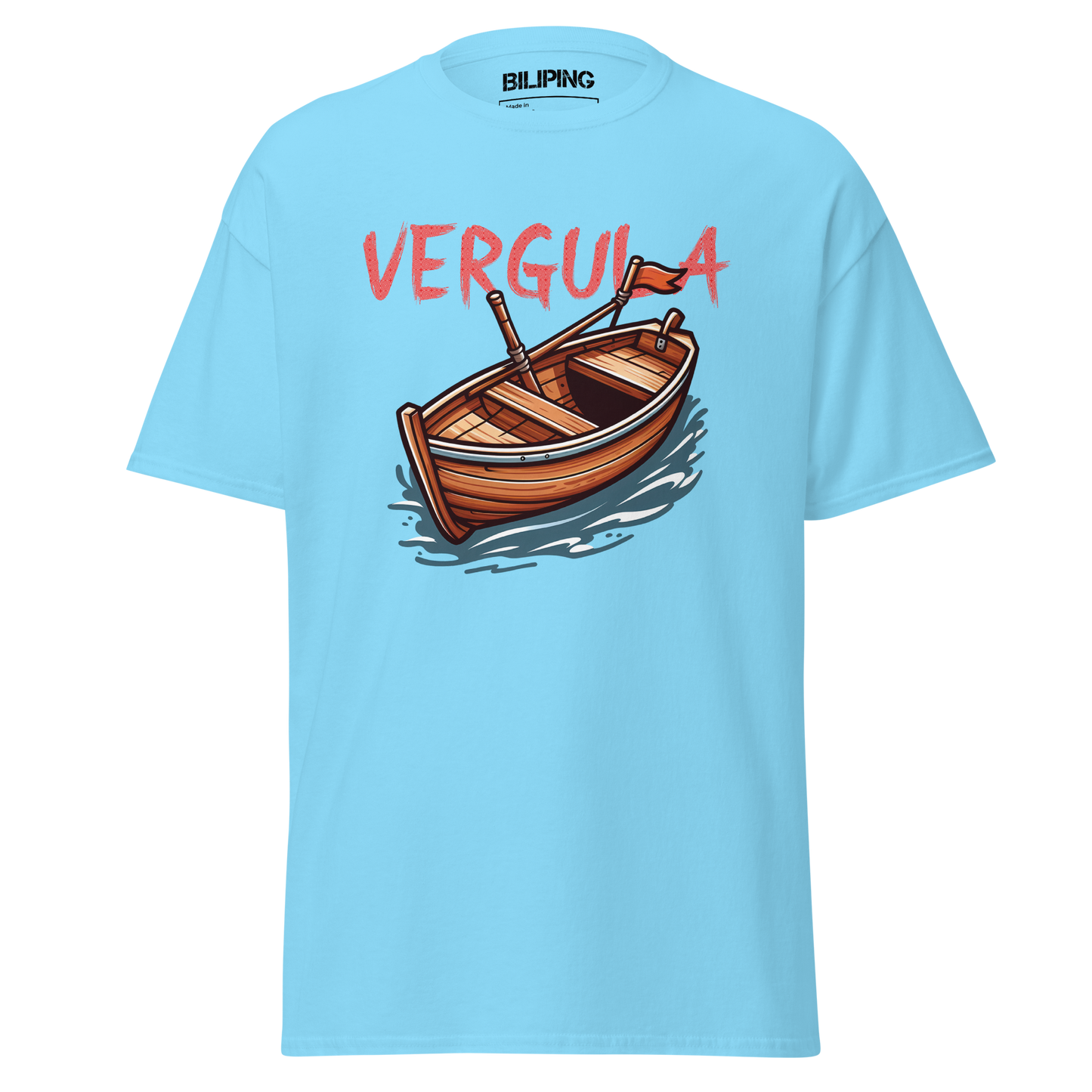 Vergula: Blue t-shirt featuring a boat design, ideal for daily comfort.