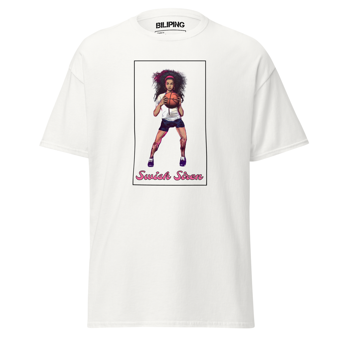 Woman holding a basketball, wearing Swish Siren active shirt.