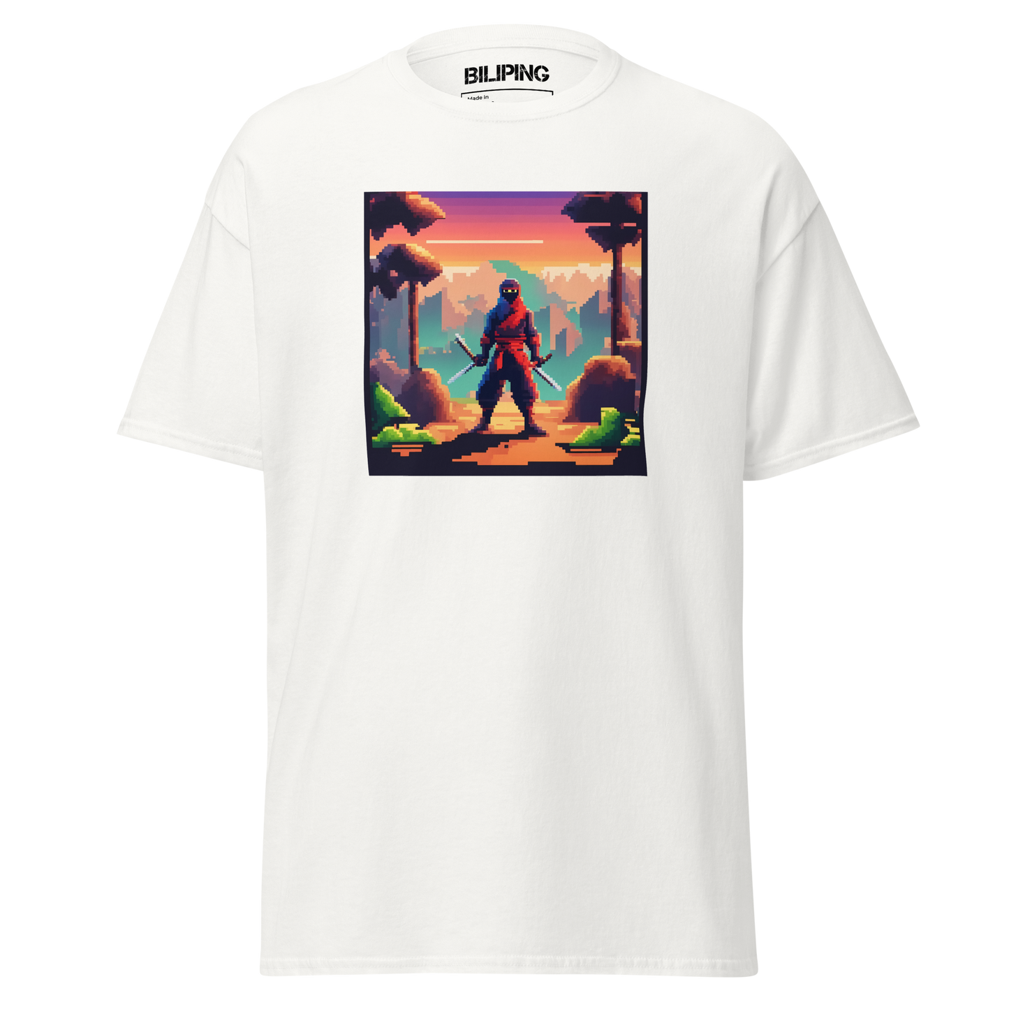 Pixja t-shirt featuring a pixelated ninja design on soft, durable fabric.