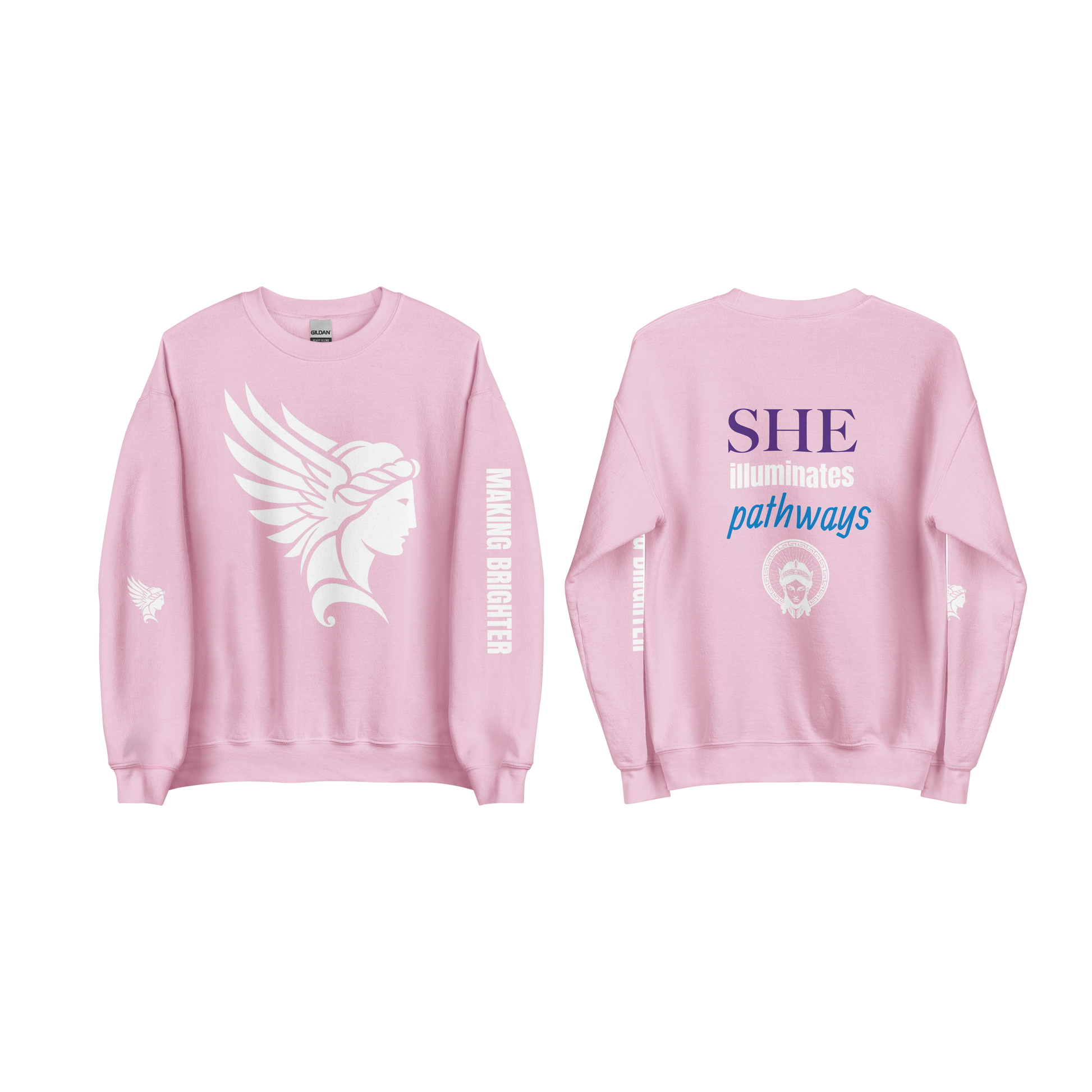 She Illuminates Pathways pink sweatshirt, graphic design, cozy for cool days.