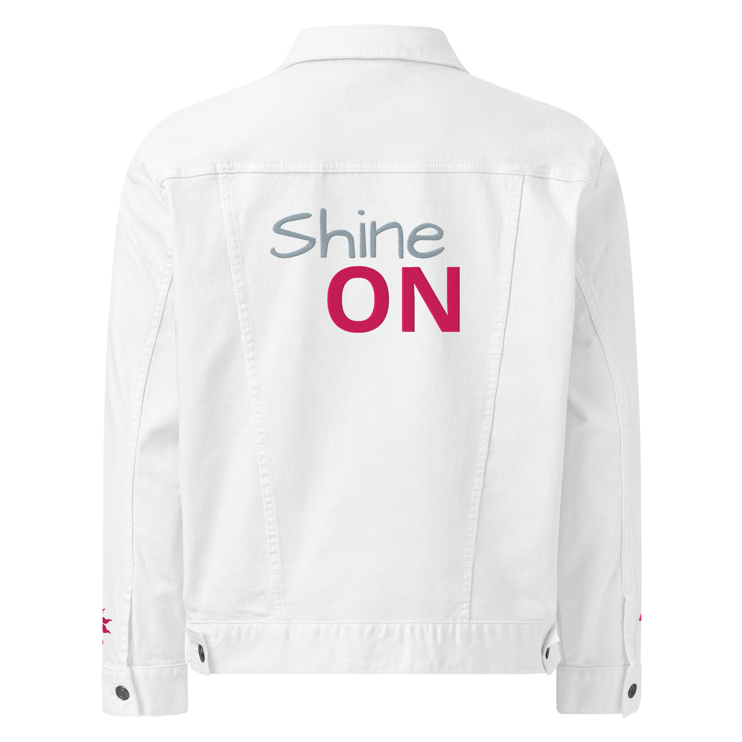 Shine ON Denim Jacket with button-up front and chest pockets.