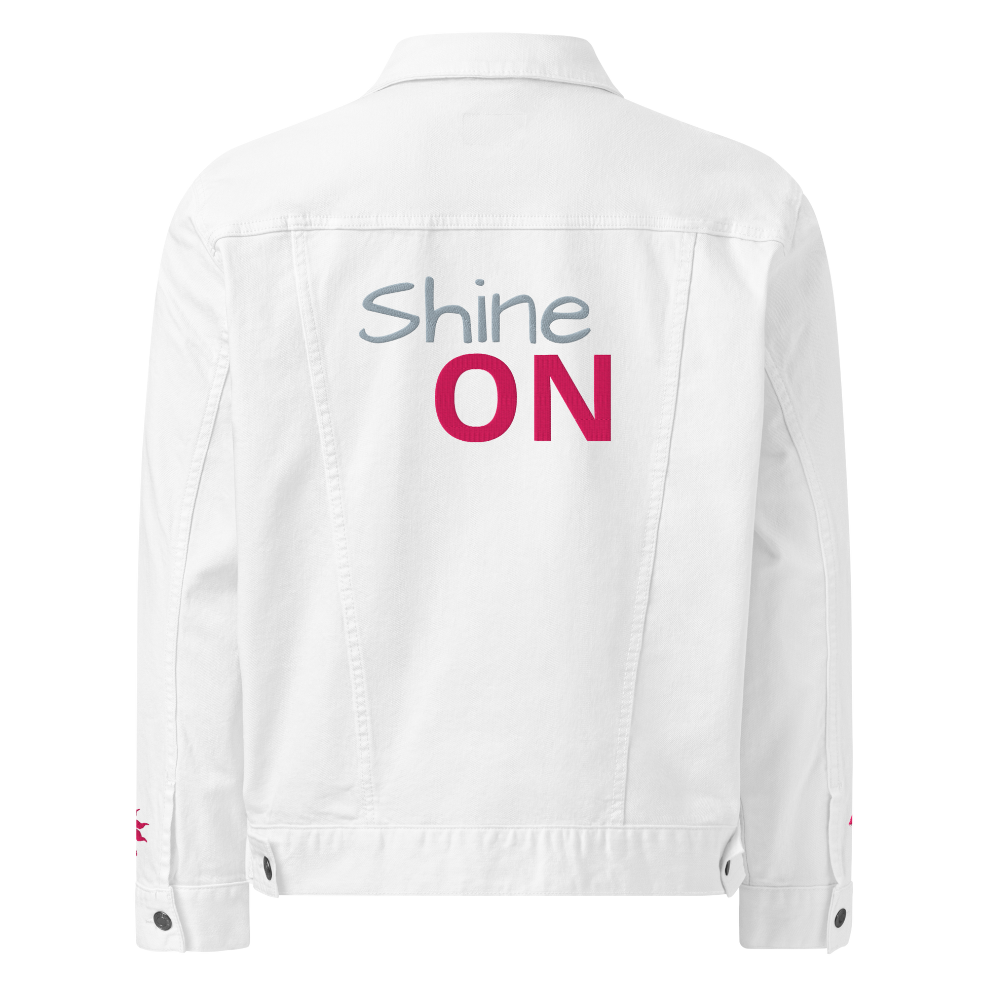 Shine ON Denim Jacket with button-up front and chest pockets.