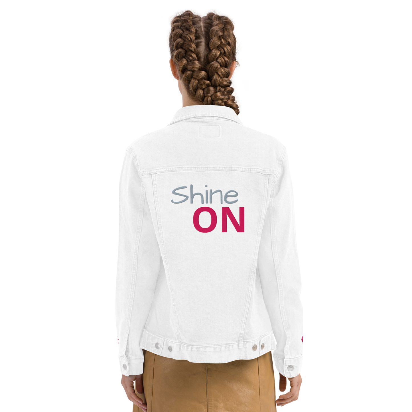 Shine ON Denim Jacket with button-up front and chest pockets.