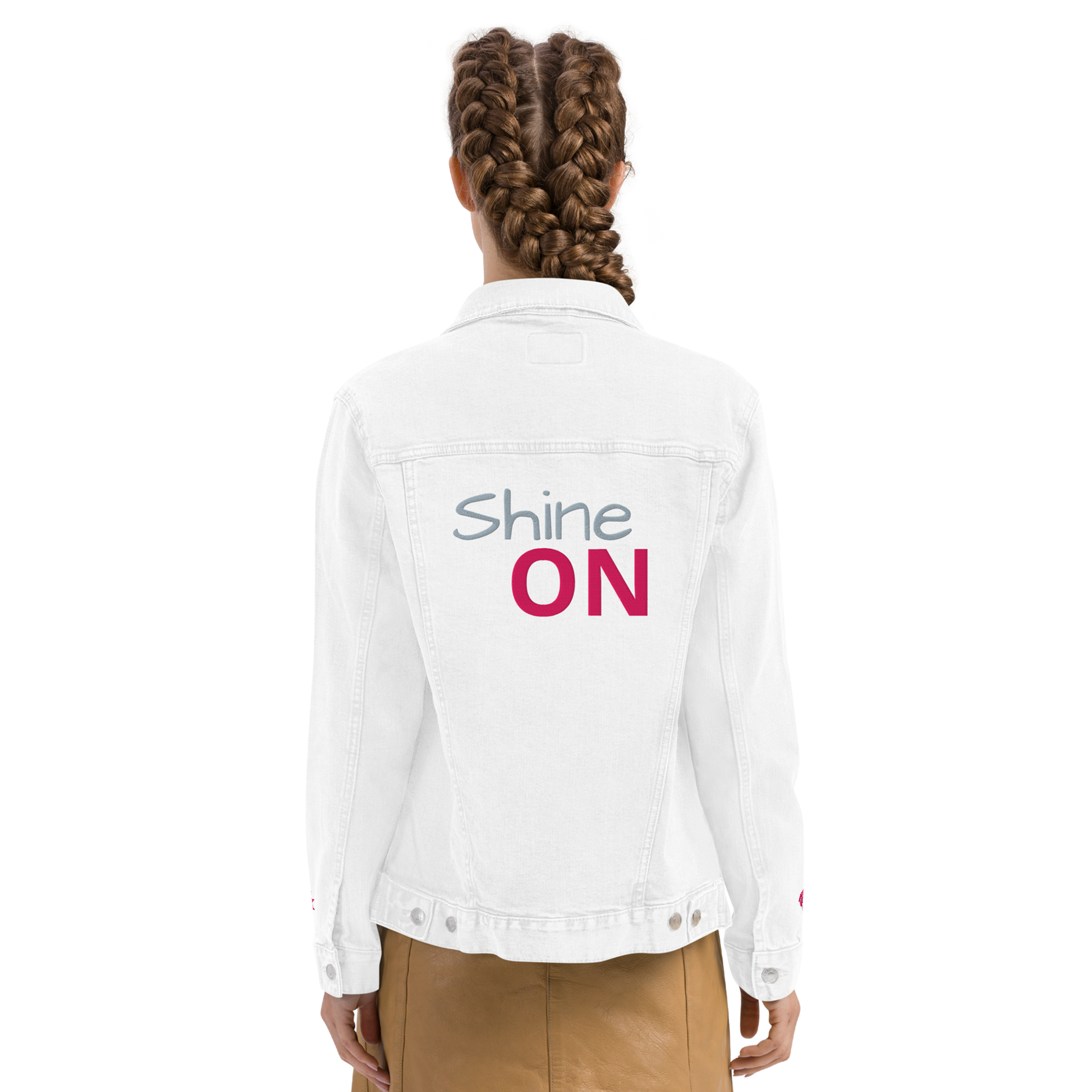 Shine ON Denim Jacket with button-up front and chest pockets.