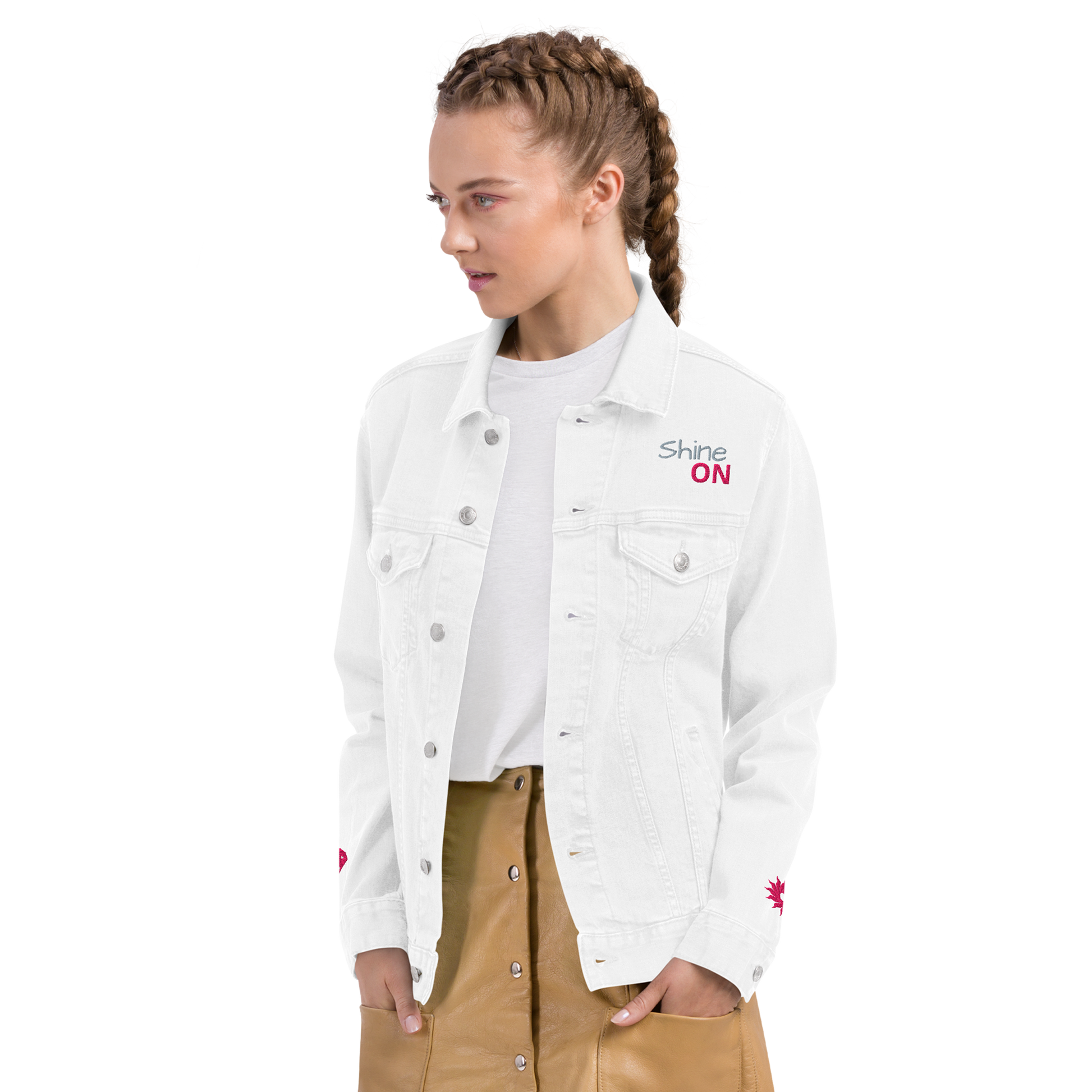 Woman wearing Shine ON Denim Jacket with button-up front and chest pockets.