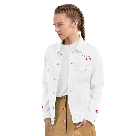Woman wearing Shine ON Denim Jacket with button-up front and chest pockets.