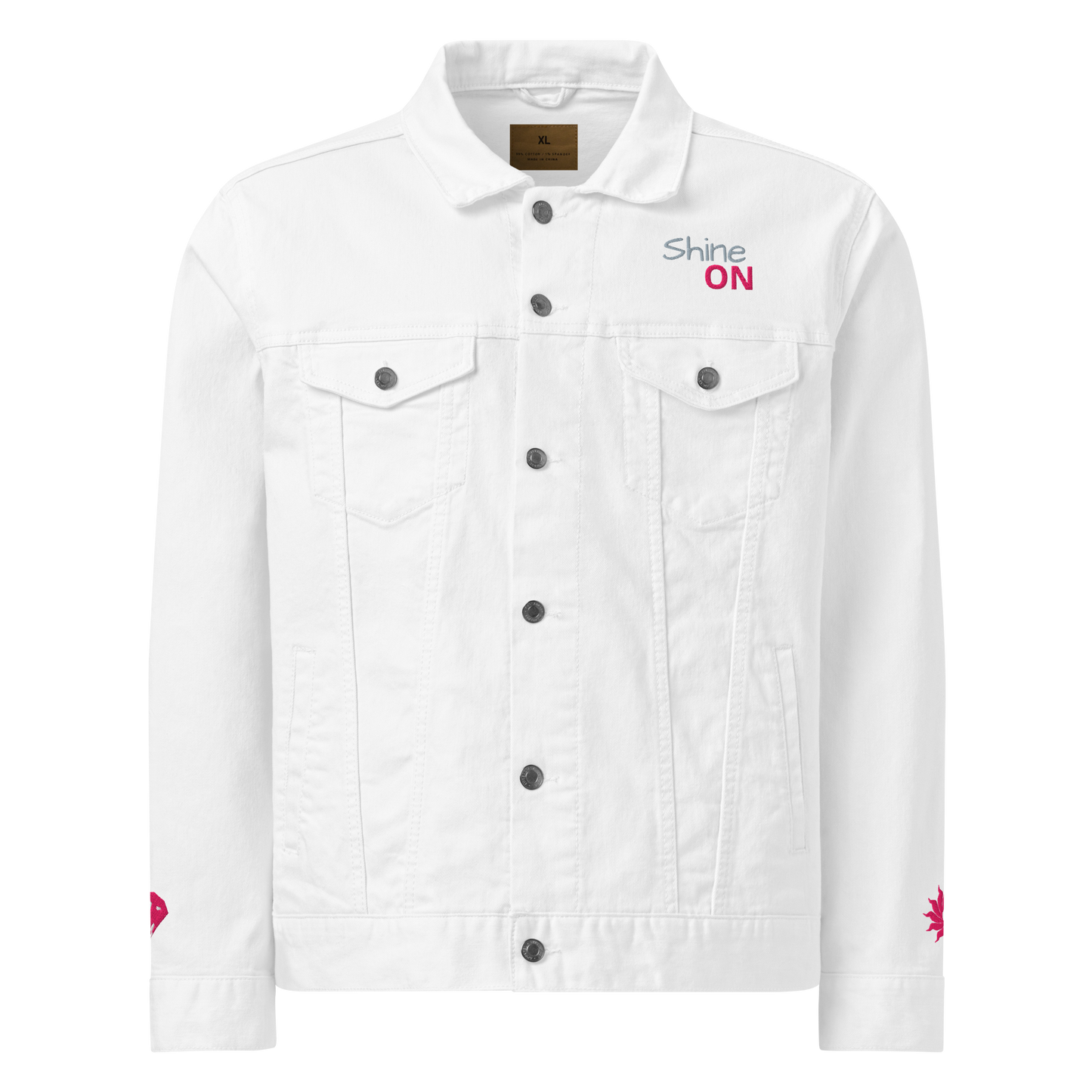 Shine ON Denim Jacket with button-up front and chest pockets.