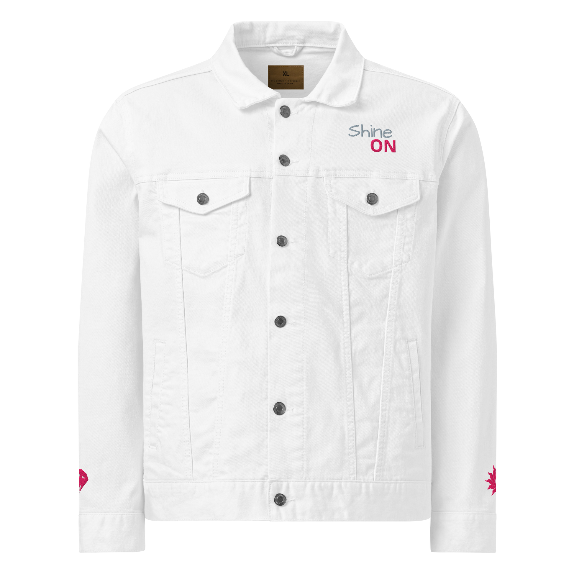 Shine ON Denim Jacket with button-up front and chest pockets.