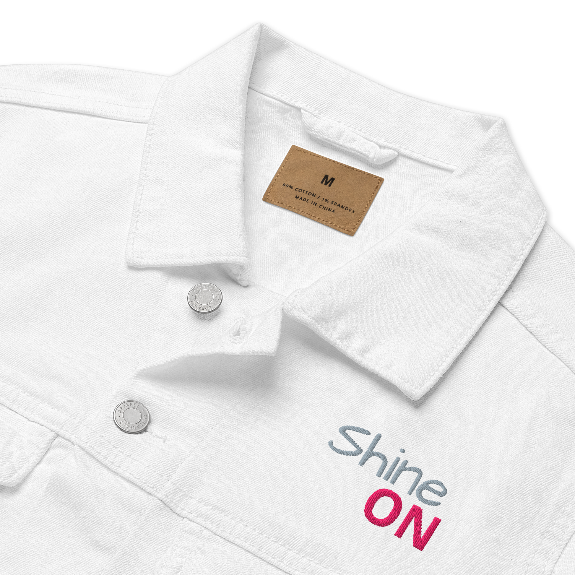 Shine ON Denim Jacket with close-up of classic button detail.