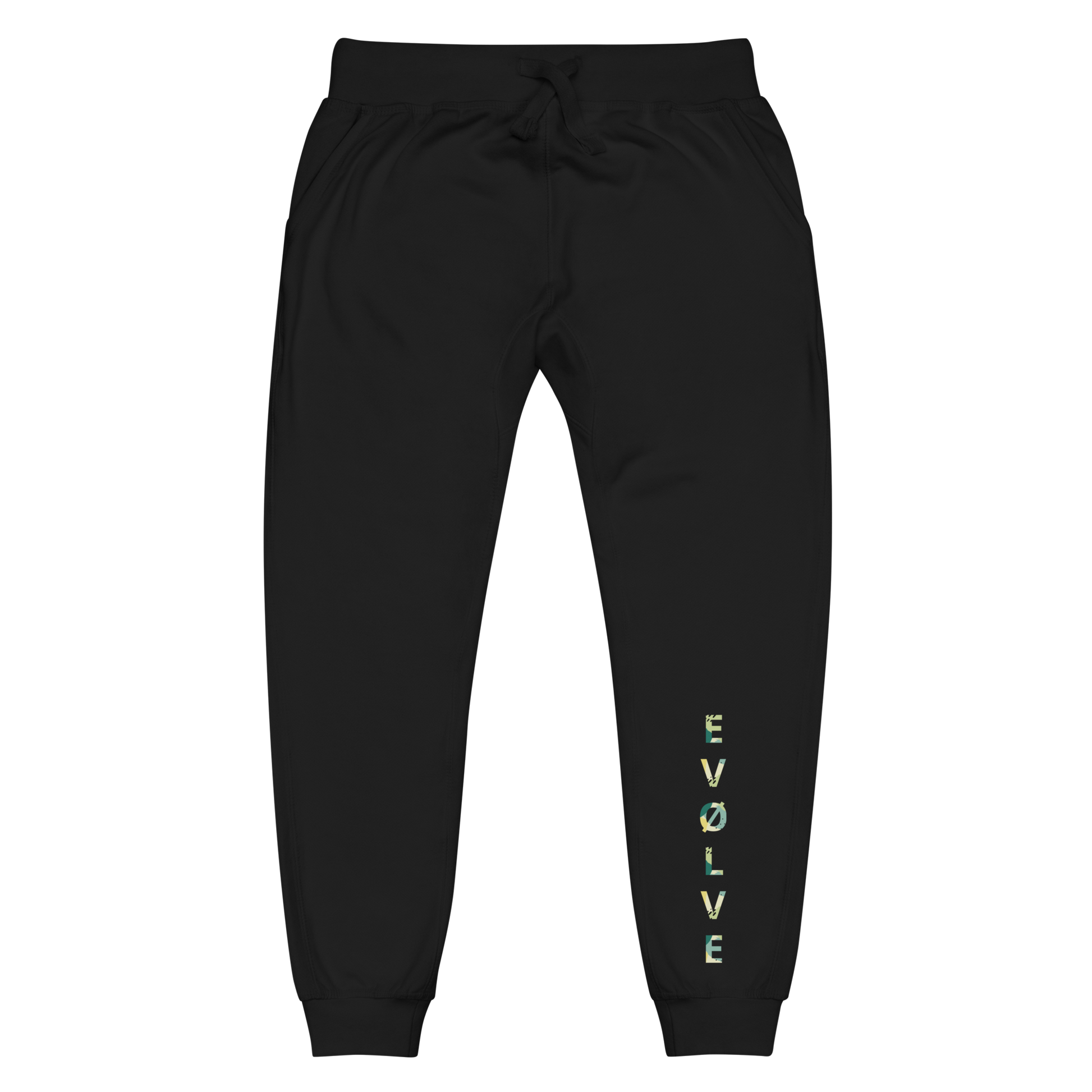 EVØLVE fleece-lined black sweatpants with white text and logo.