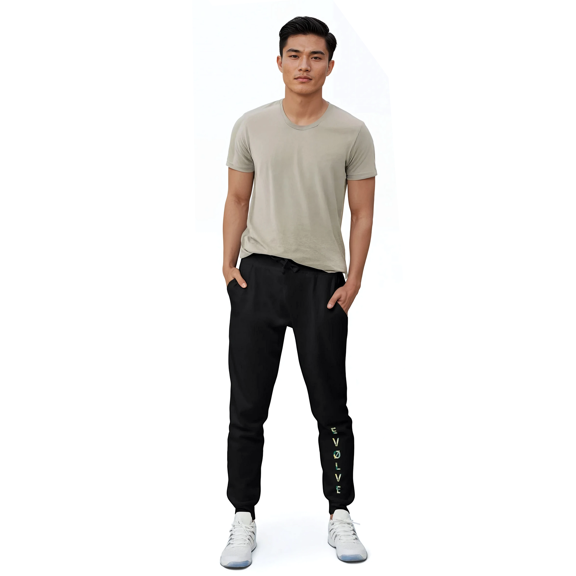 EVØLVE Fleece Sweatpants: man standing, hands in pockets. Close-up of shoe.