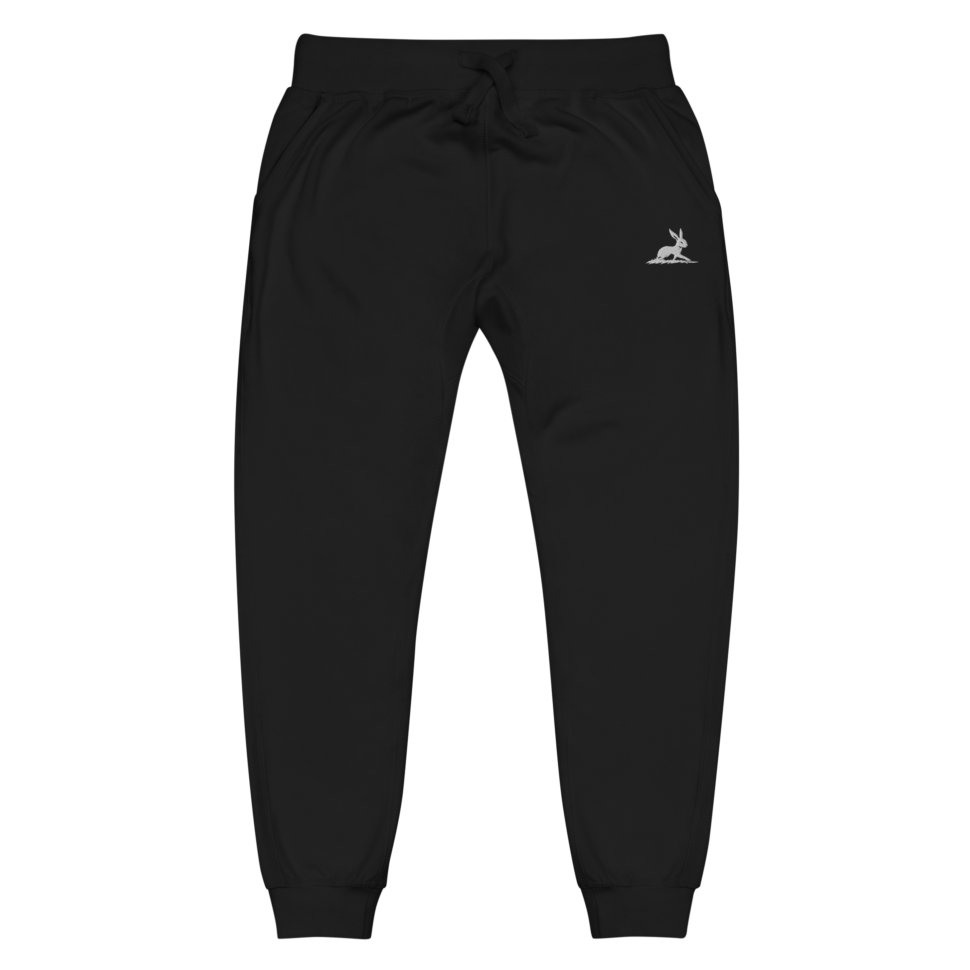 Biliping Sweatpants featuring a white rabbit logo on black fleece fabric.
