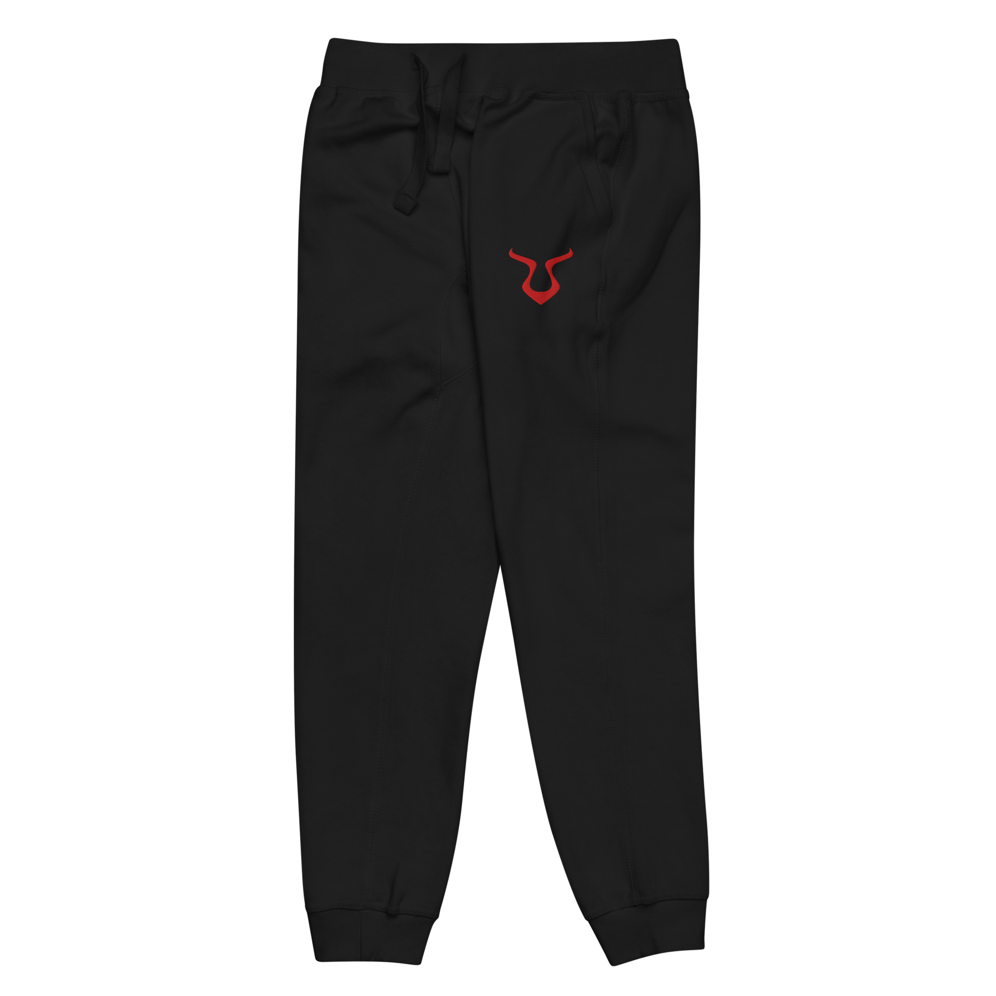 V - Sweatpants with red logo, fleece lined, elastic waistband, and cuffed legs.
