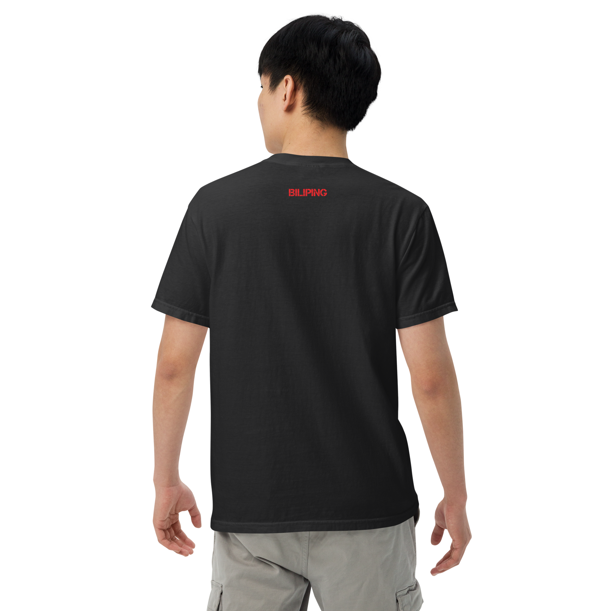 V - Shirt close-up showing sleeve and relaxed fit.