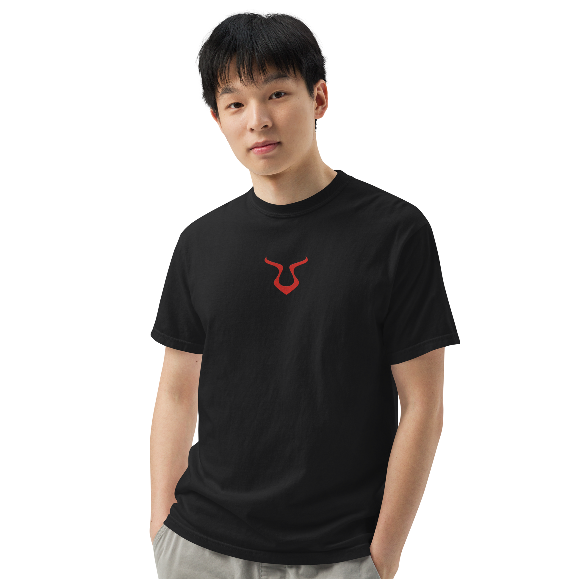 Close-up of nose wearing V - Shirt, showcasing relaxed fit and durable fabric.