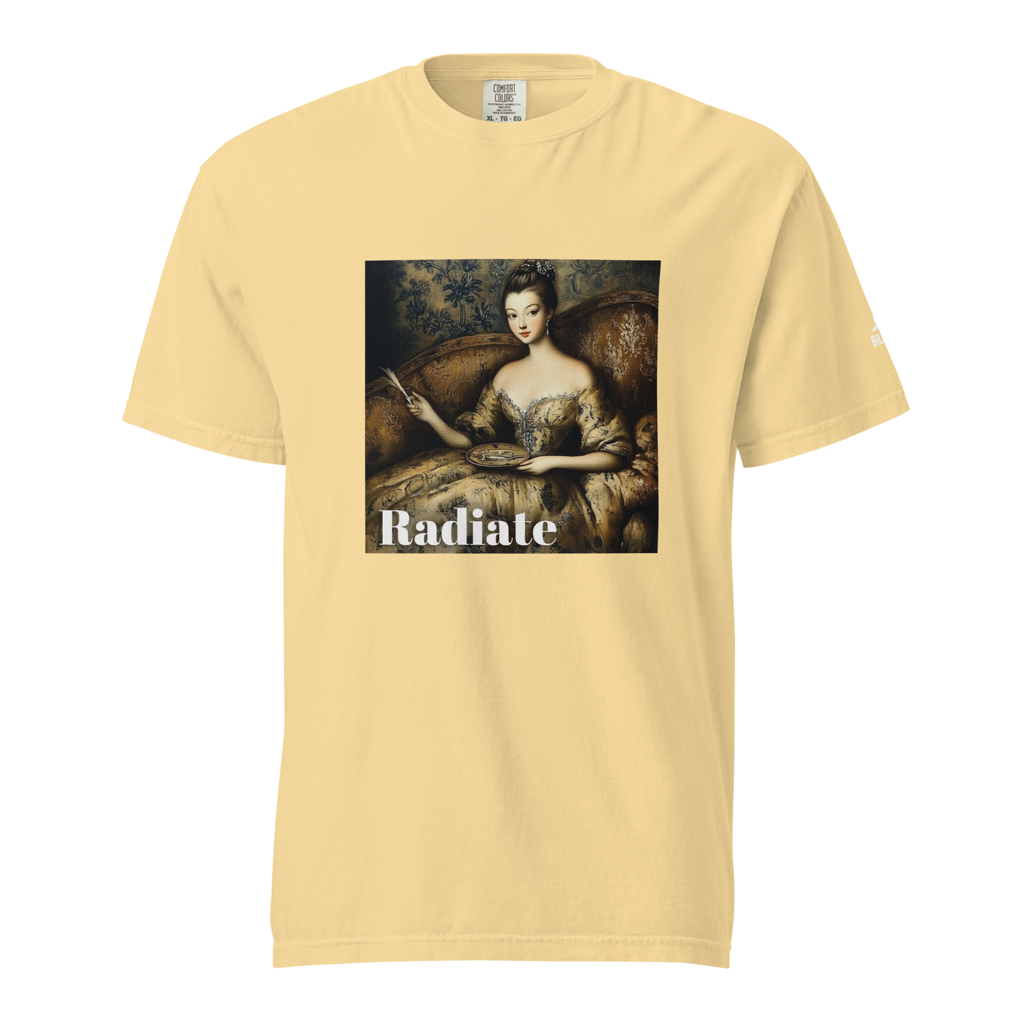 Radiate T-Shirt featuring a woman's face painting on a yellow tee.