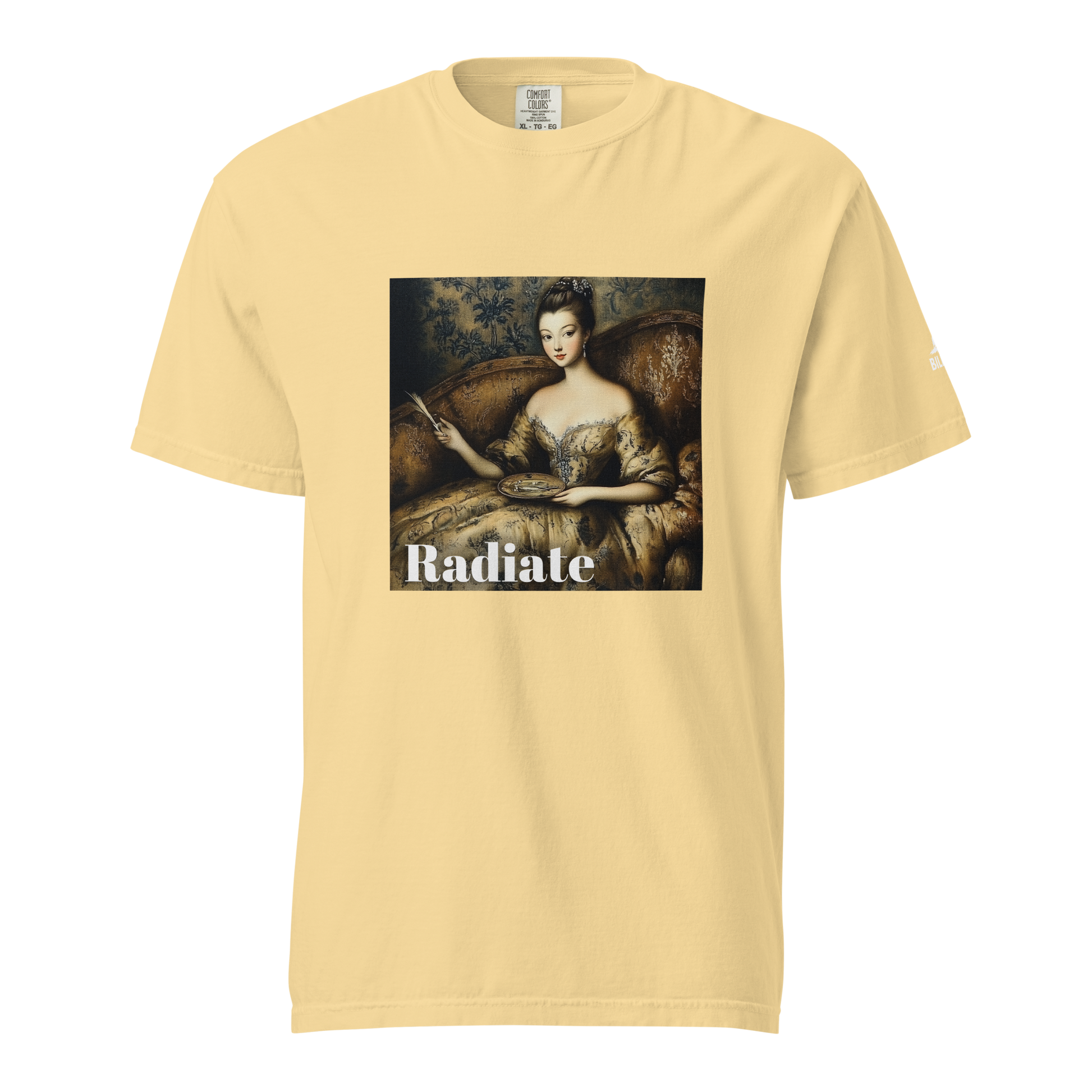 Radiate T-Shirt featuring a woman's face painting on a yellow tee.