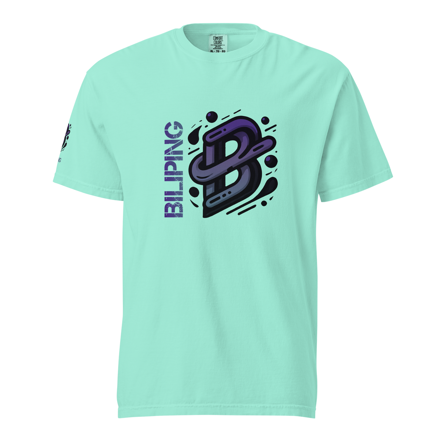 B-G Tee with graphic, garment-dyed, heavyweight shirt, close-up label.