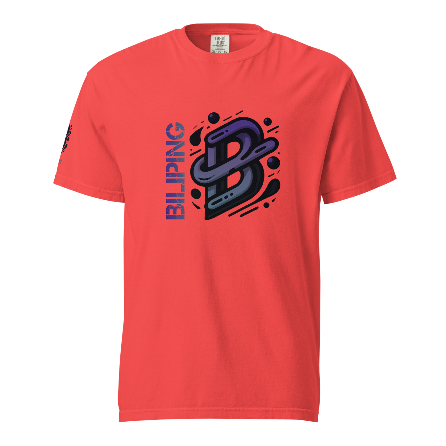 Close-up of B-G Tee's white label on a red shirt.