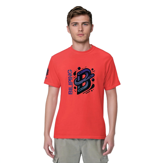 B-G Tee: Close-up of a man wearing a heavyweight, garment-dyed t-shirt.