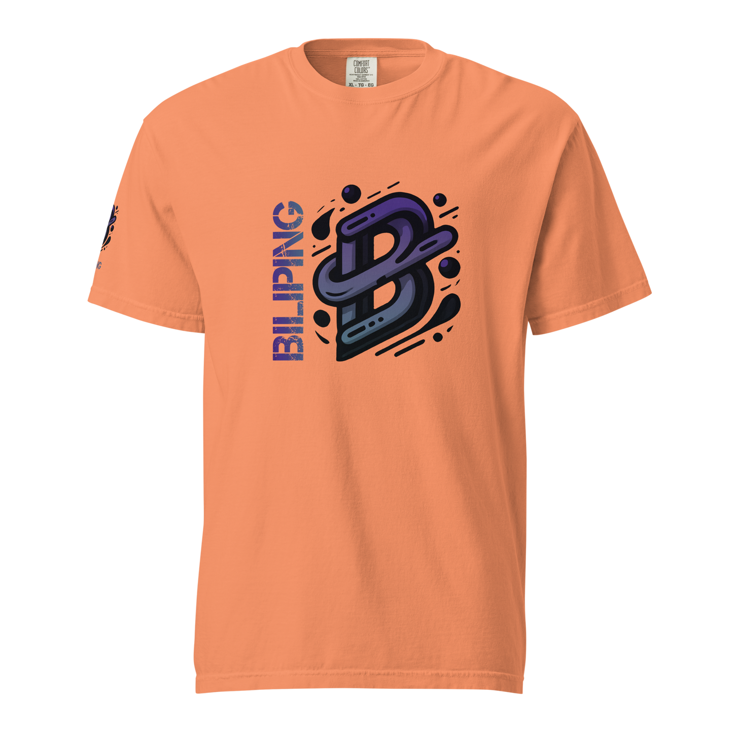 B-G Tee: Close-up of a T-shirt with a graphic logo.