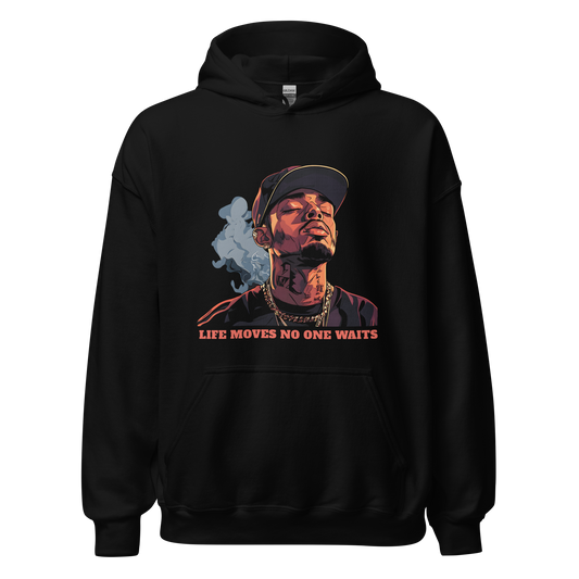 No Waiting hoodie featuring a man smoking print, stylish and soft.