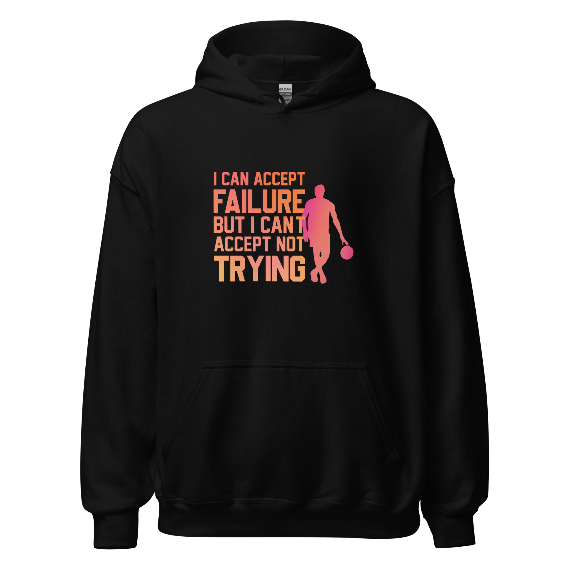 Not made for defeat black hoodie with pink text, front pouch pocket.