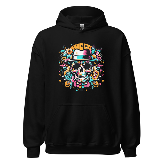 Grimz v2 Hoodie with skull and floral design, front pouch pocket.