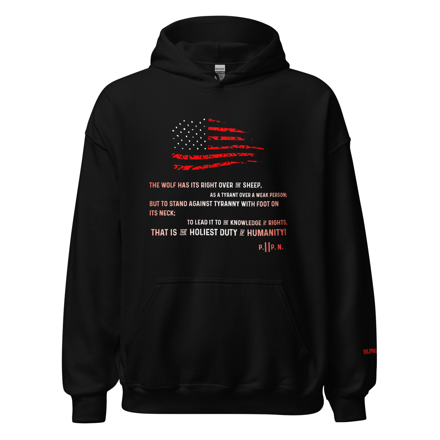 Stand Against Tyranny black hoodie with red text and white label.