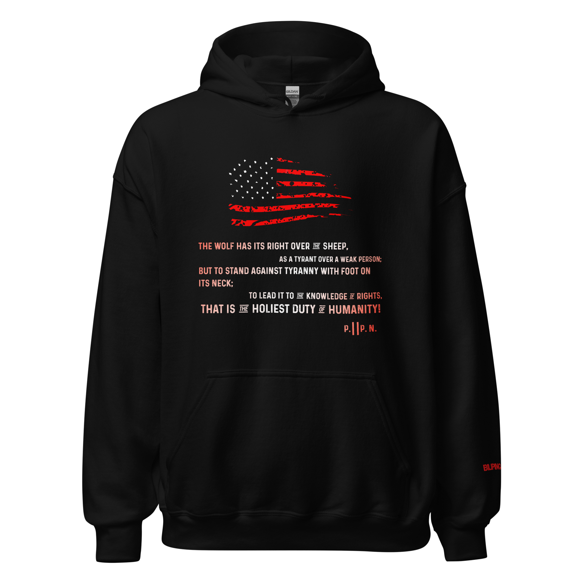 Stand Against Tyranny black hoodie with red text and white label.