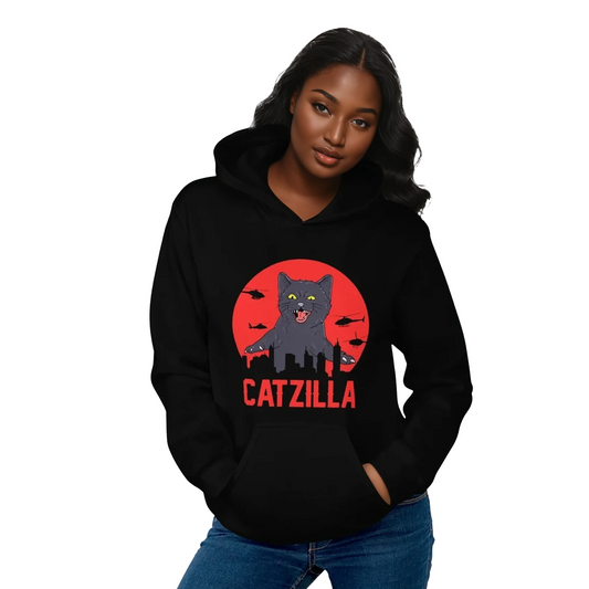 Woman in Top Cat Hoodie posing, showcasing its stylish design and comfort.