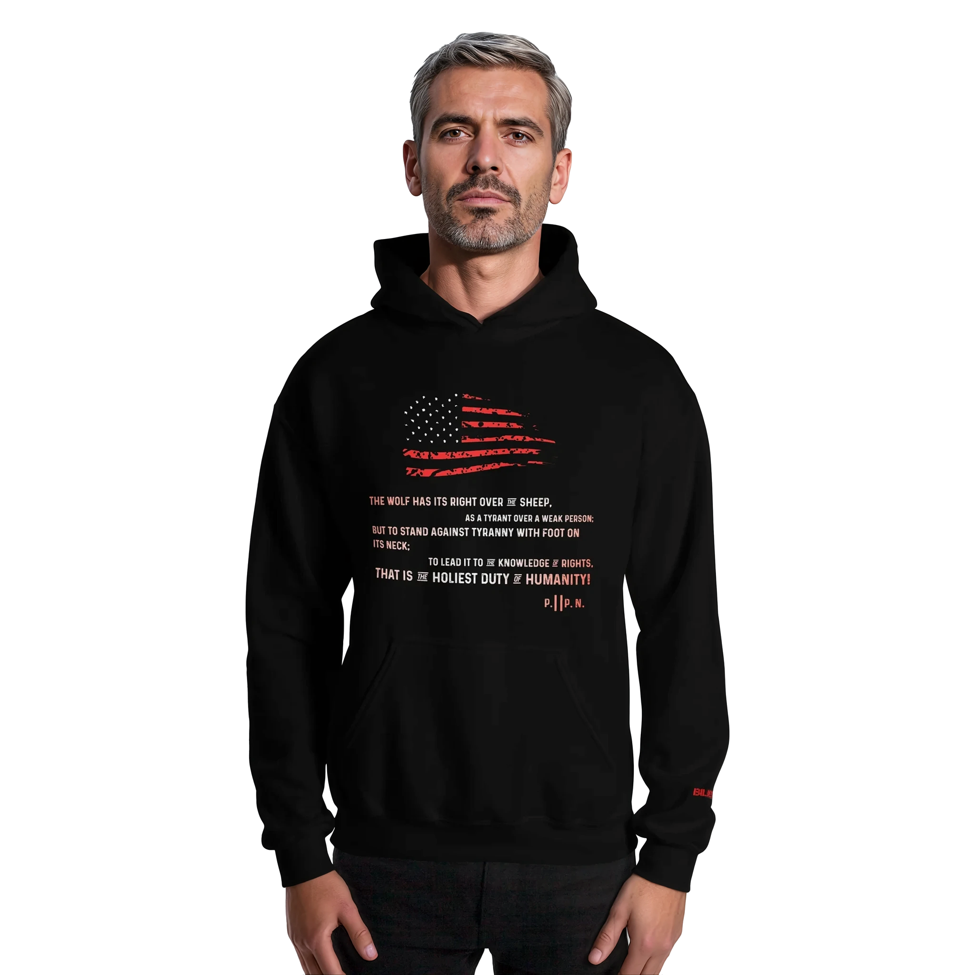 Man wearing the Stand Against Tyranny black hoodie with flag detail.