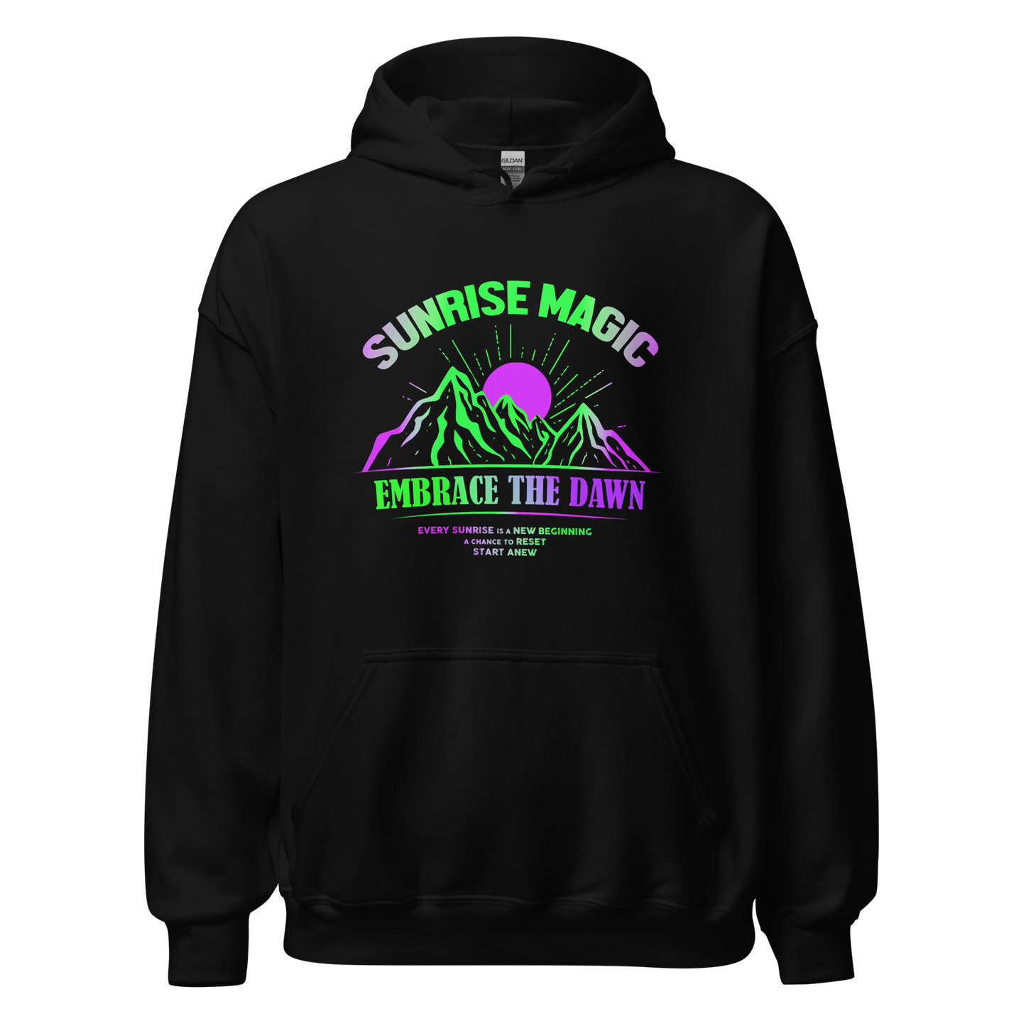 Sunrise Magic Hoodie: black sweatshirt with eye-catching purple and green text.