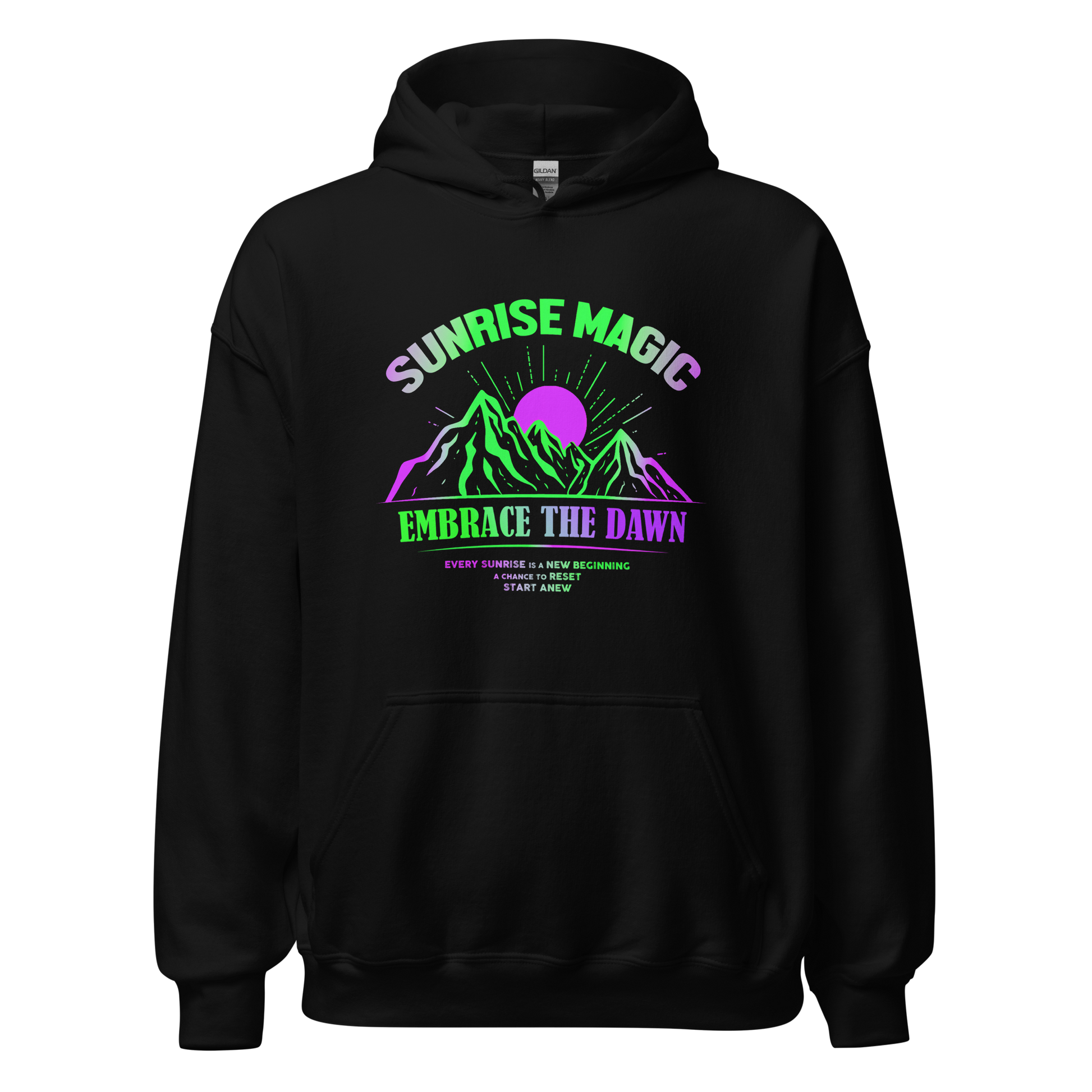 Sunrise Magic Hoodie: black sweatshirt with eye-catching purple and green text.
