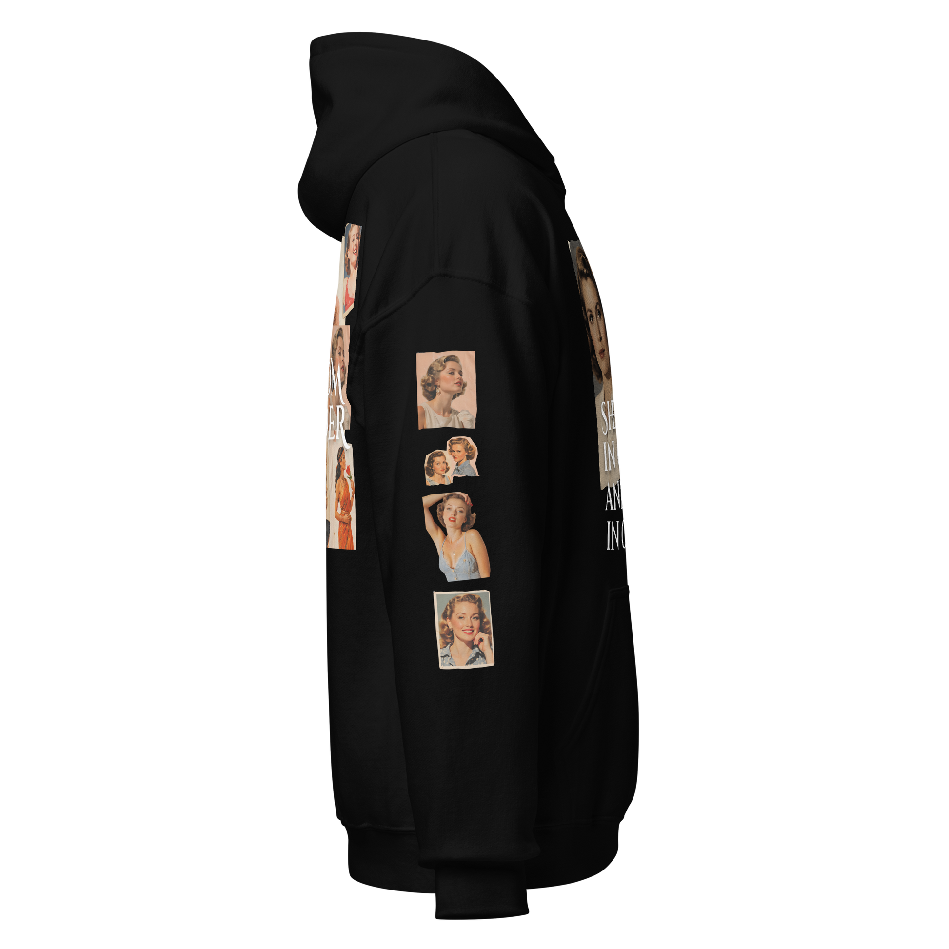 Close-up of a woman wearing the Bloom Louder hoodie, showcasing its soft fabric, double-lined hood, and front pouch pocket for stylish comfort.