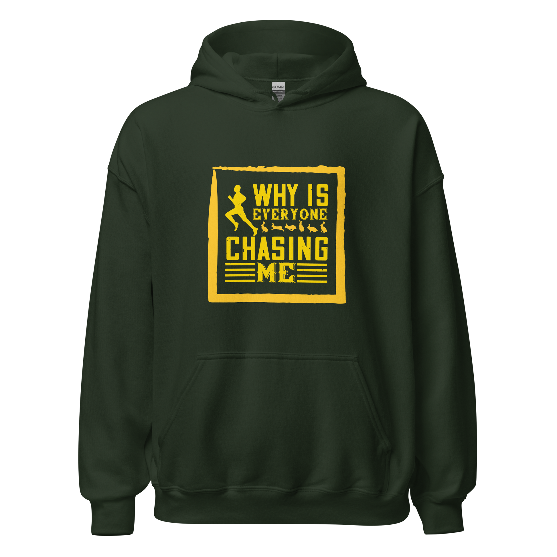 Everyone Chasing Me green hoodie with Everyone Chasing Me text.